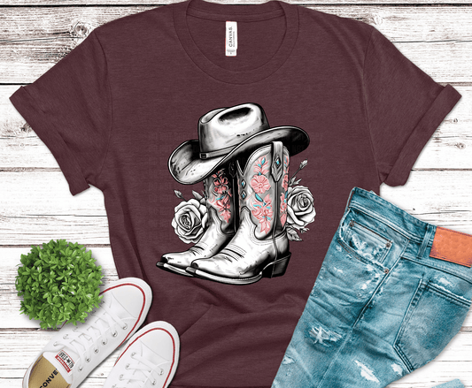 Cowboy Boots Roses detailed western DTF transfer, ready to press heat transfer for western shirts