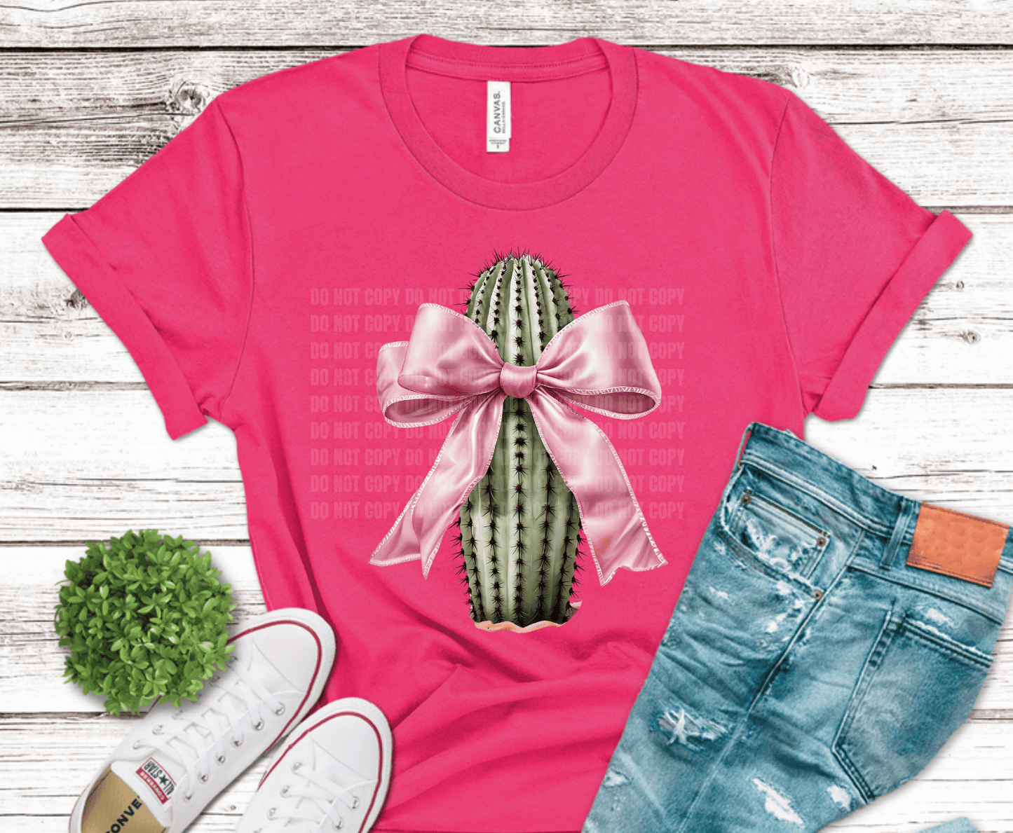 Cactus Pink Bow DTF transfer, ready to press heat transfer for western shirts