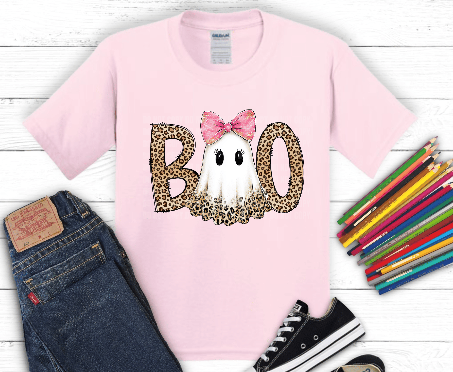 Boo Ghost Leopard Bow DTF transfer, ready to press heat transfer for Halloween shirts
