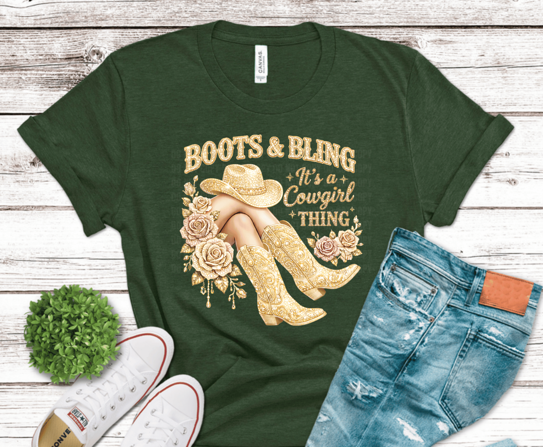 Boots & Bling Cowgirl DTF transfer, ready to press heat transfer for western shirts