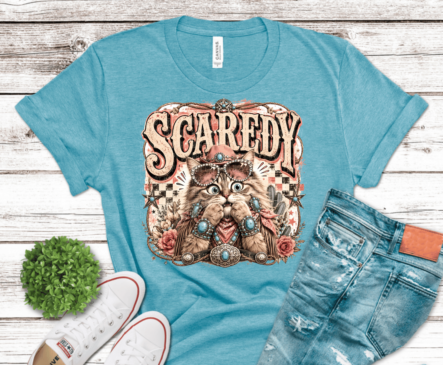 Western Glam Scaredy Cat DTF transfer, ready to press heat transfer for western shirts