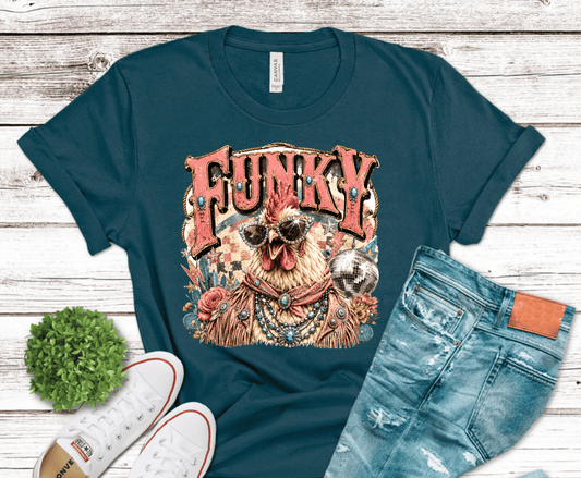Western Glam Funky Chicken DTF transfer, ready to press heat transfer for western shirts