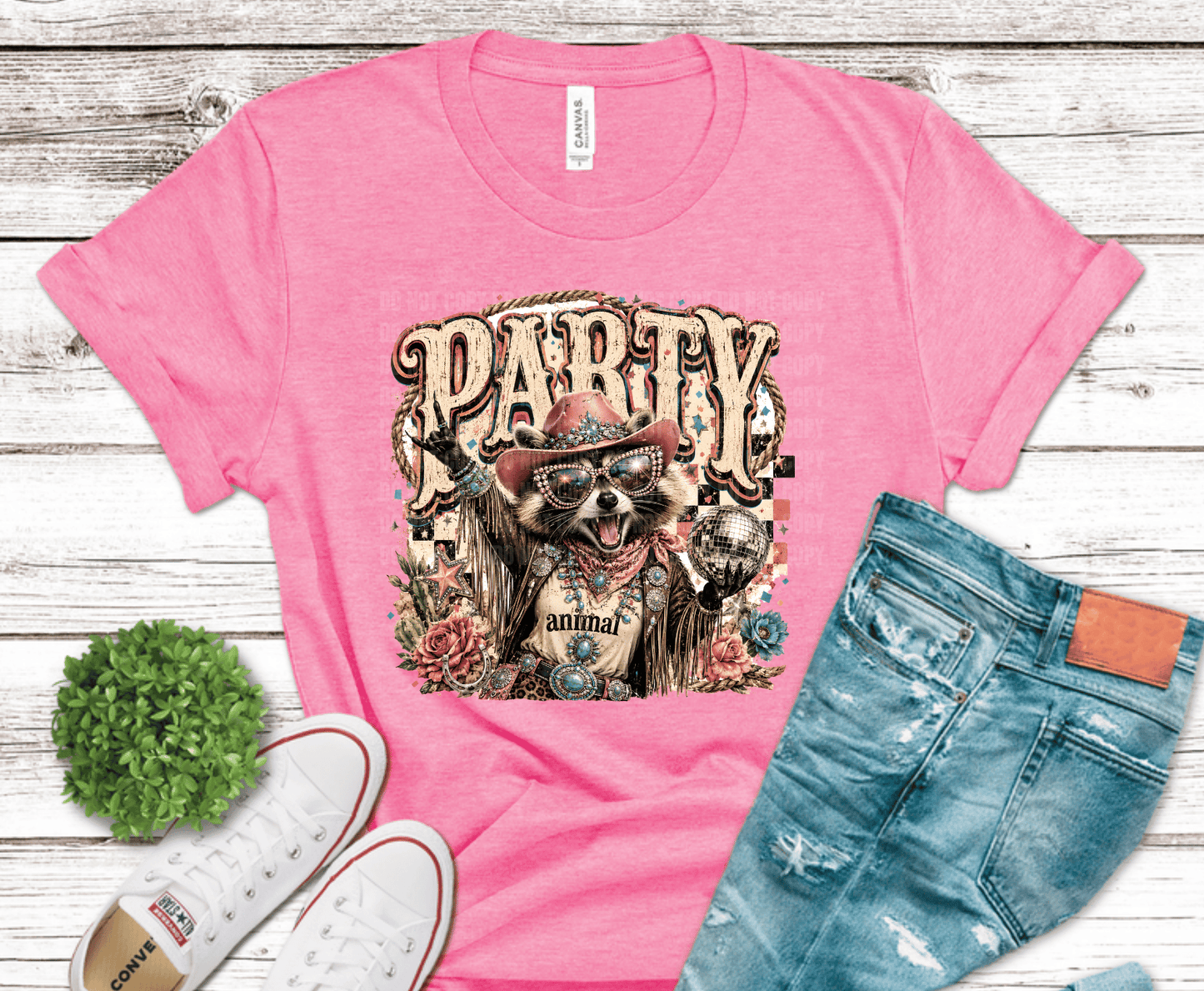 Western Glam Party Animal Raccoon DTF transfer, ready to press heat transfer for western shirts