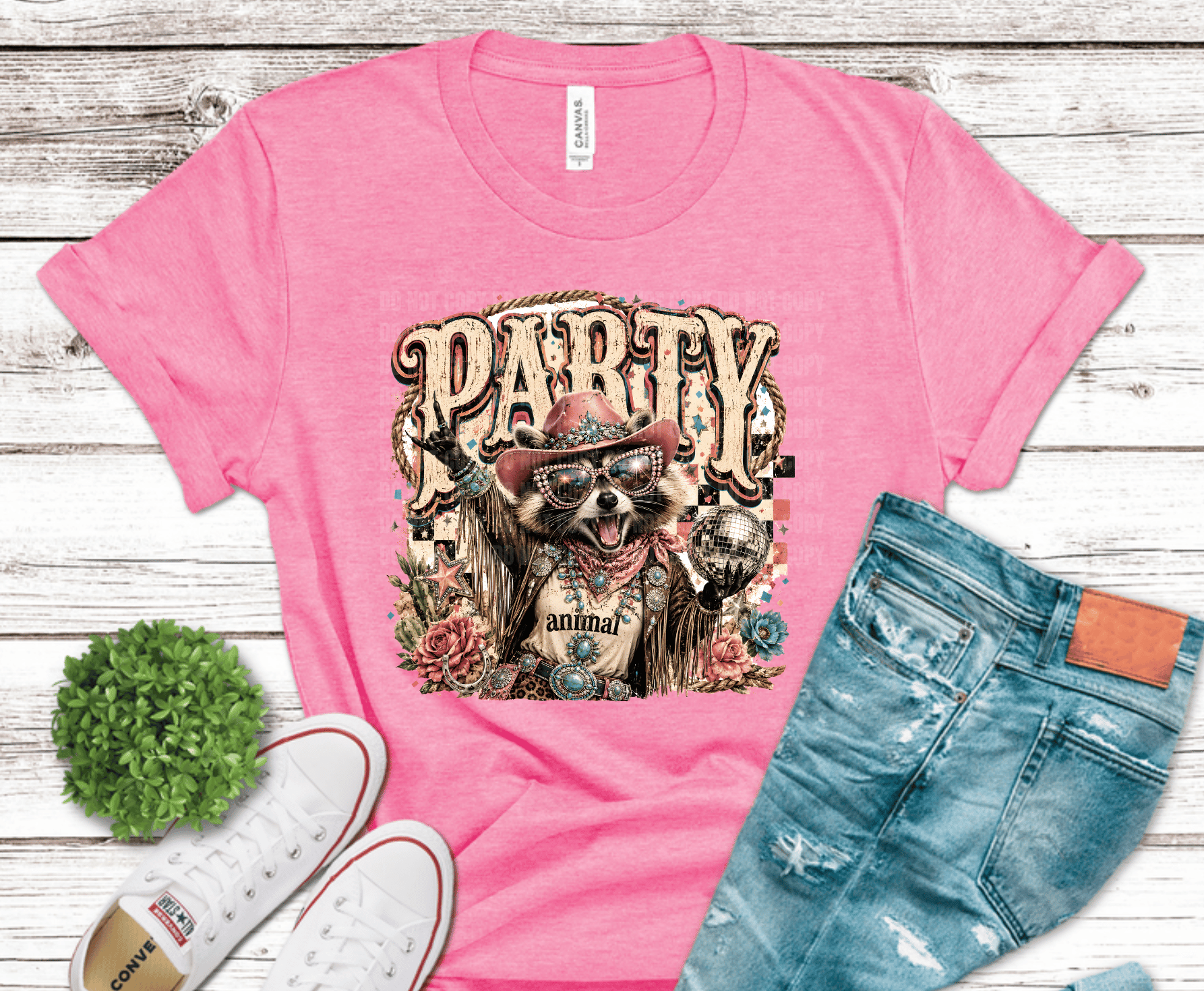 Western Glam Party Animal Raccoon DTF transfer, ready to press heat transfer for western shirts