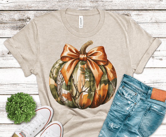 Camo Pumpkin Bow DTF transfer, ready to press heat transfer for fall shirts