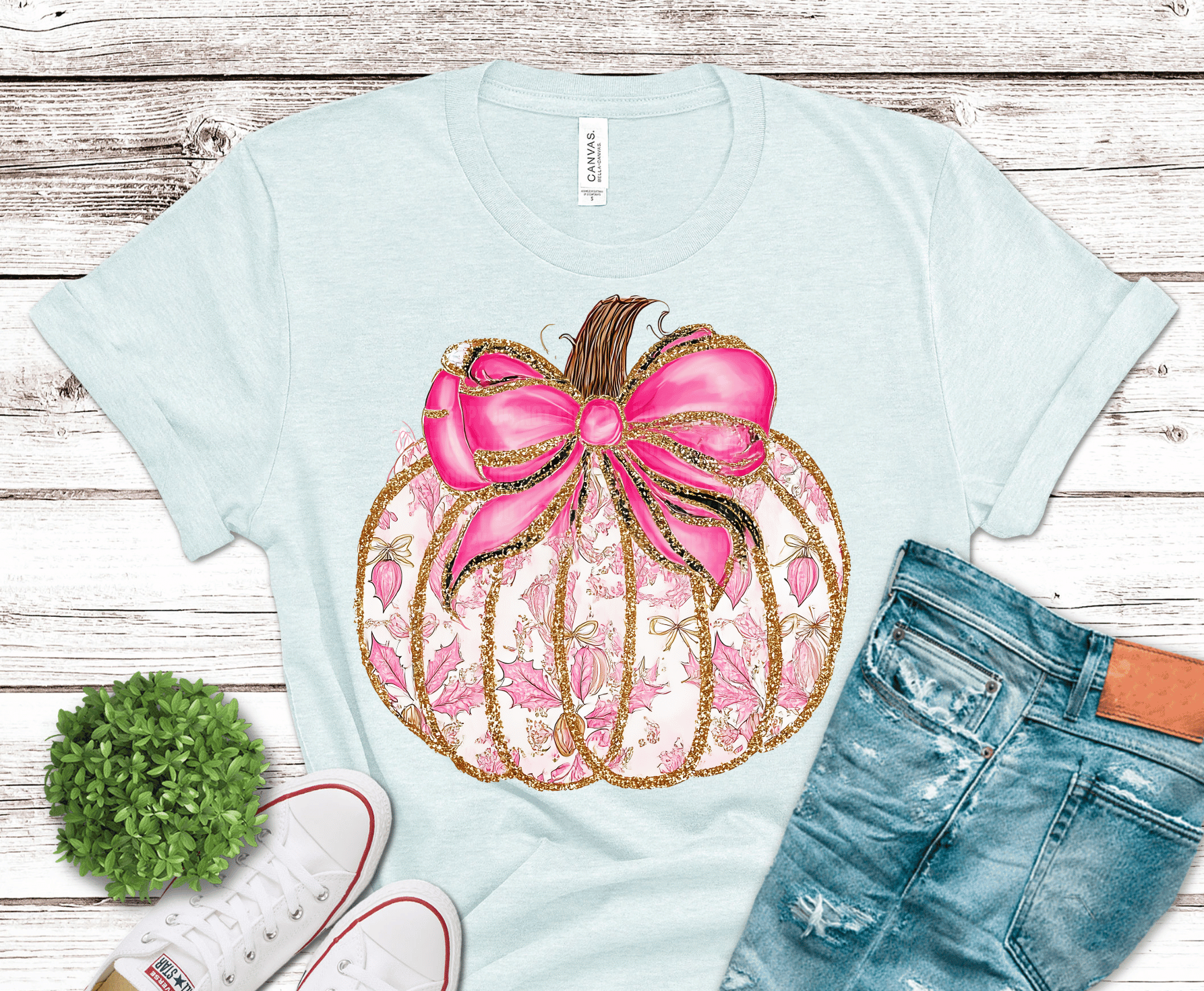 Pink Floral Pumpkin Bow DTF transfer, ready to press heat transfer for fall shirts
