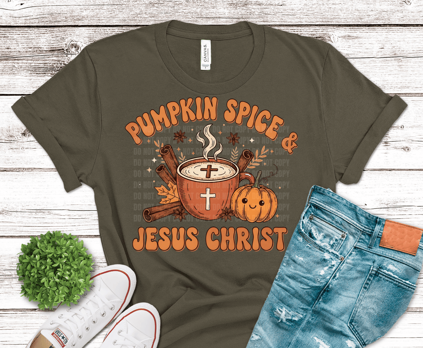 Pumpkin Spice & Jesus Christ coffee pumpkin DTF transfer, ready to press heat transfer for Christian shirts