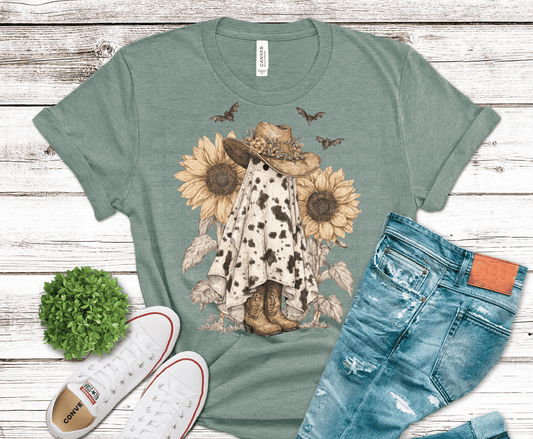 Cow Ghost Sunflower DTF transfer, ready to press heat transfer for Halloween shirts