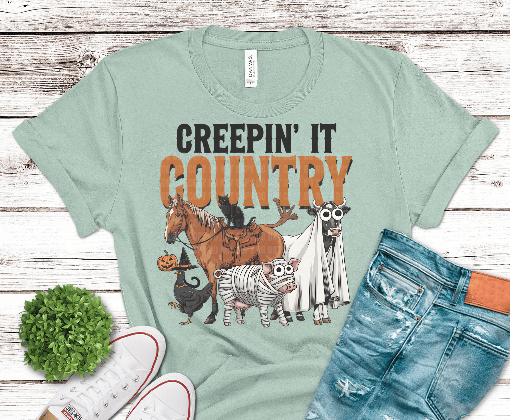 Creepin It Country horse cow ghost DTF transfer, ready to press heat transfer for Halloween shirts