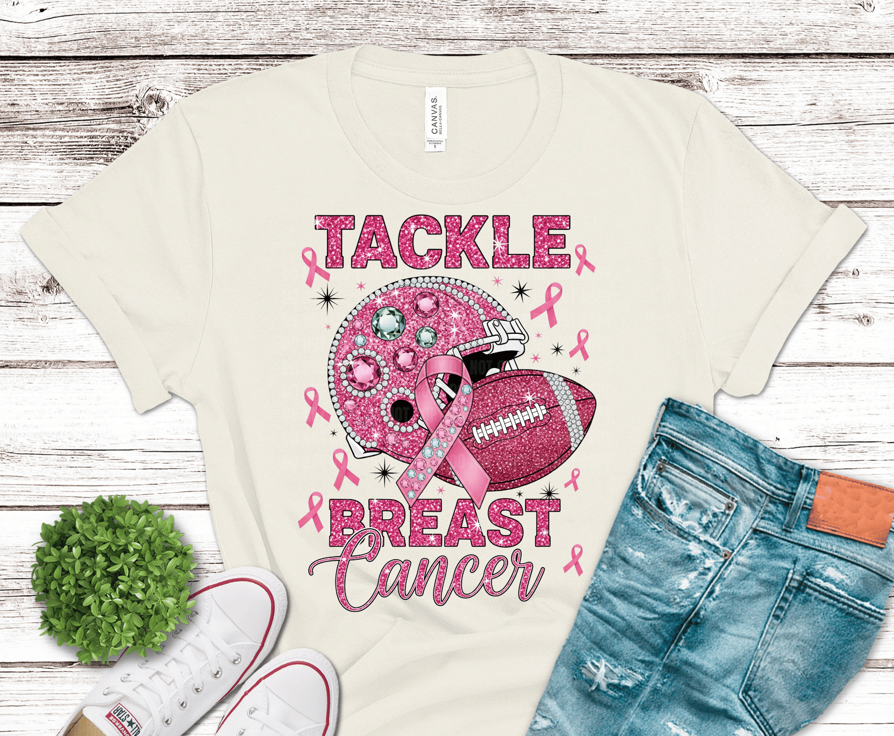Glitter Tackle Breast Cancer DTF transfer, ready to press heat transfer for awareness shirts