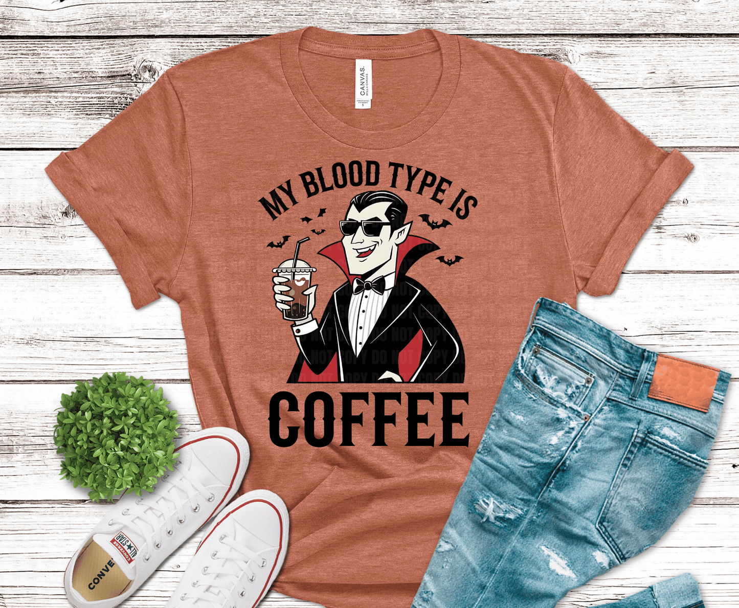 Vampire Coffee Halloween DTF transfer, ready to press heat transfer for Halloween shirts