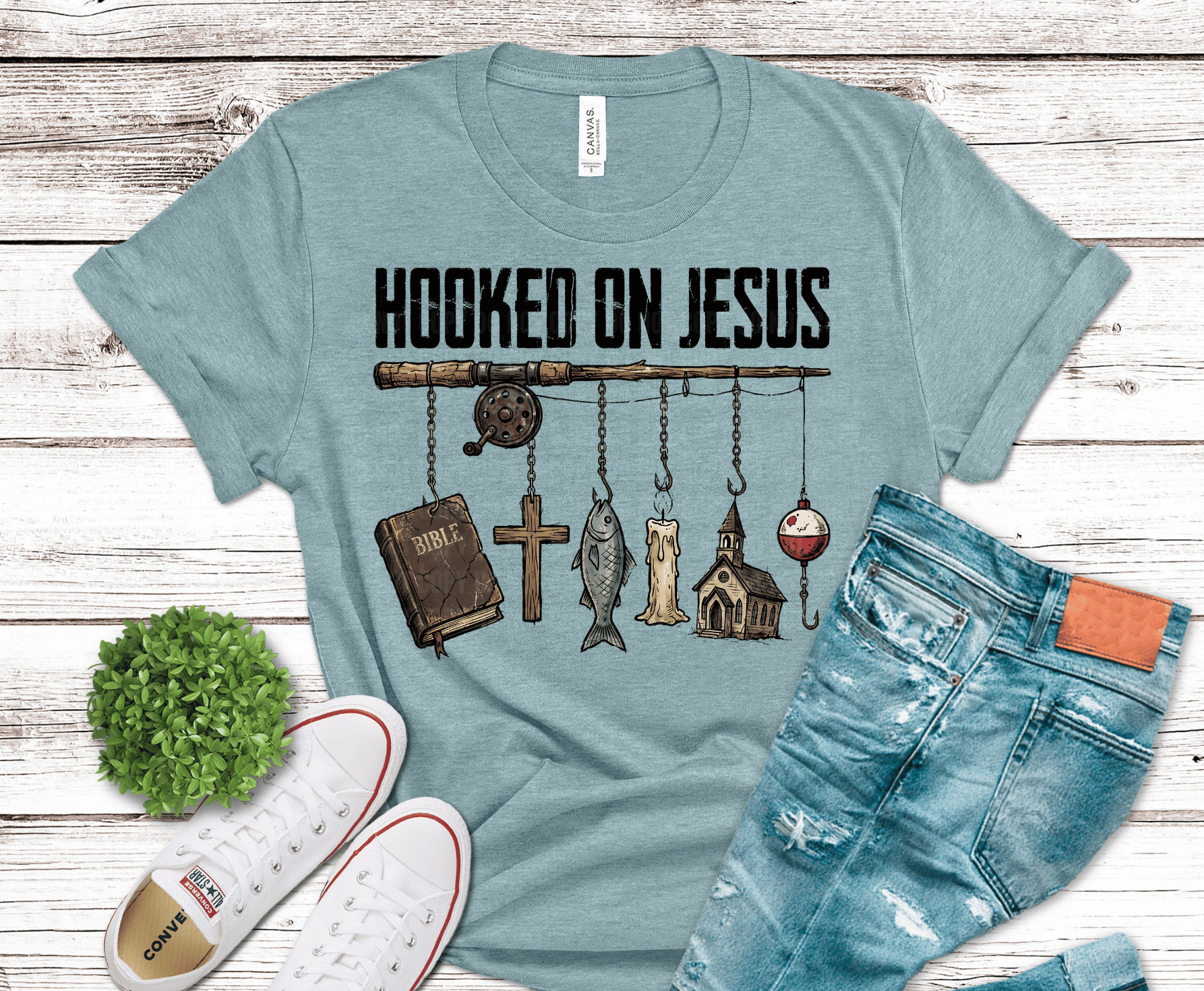 Hooked On Jesus fishing DTF transfer, ready to press heat transfer for Christian shirts
