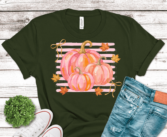Pink Pumpkins With Bows DTF transfer, ready to press heat transfer for fall shirts