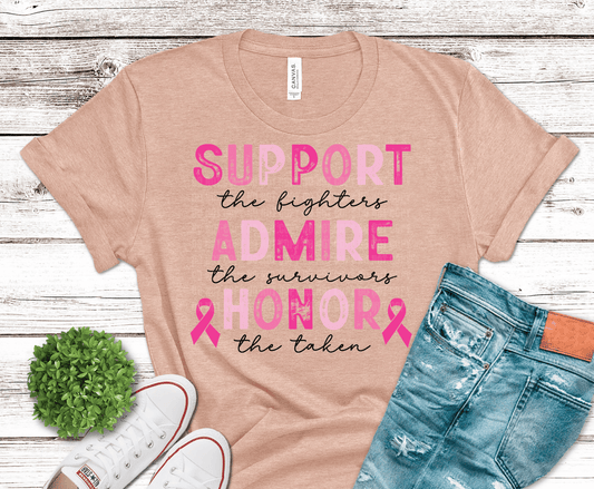 Support Admire Honor Pink Ribbon DTF transfer, ready to press heat transfer for awareness shirts