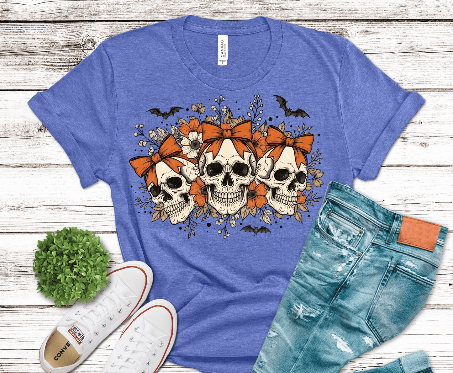 Skulls With Bows DTF transfer, ready to press heat transfer for Halloween shirts