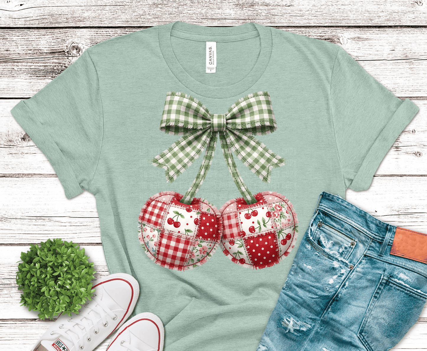 Gingham Cherries Bow DTF transfer, ready to press heat transfer for cute shirts
