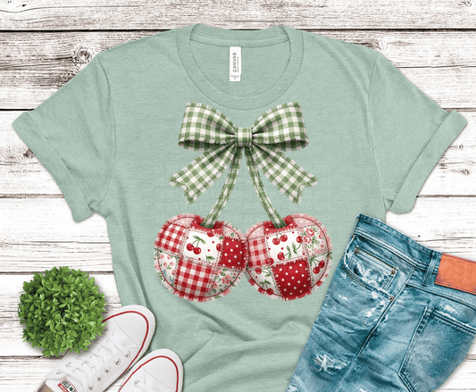 Gingham Cherries Bow DTF transfer, ready to press heat transfer for cute shirts