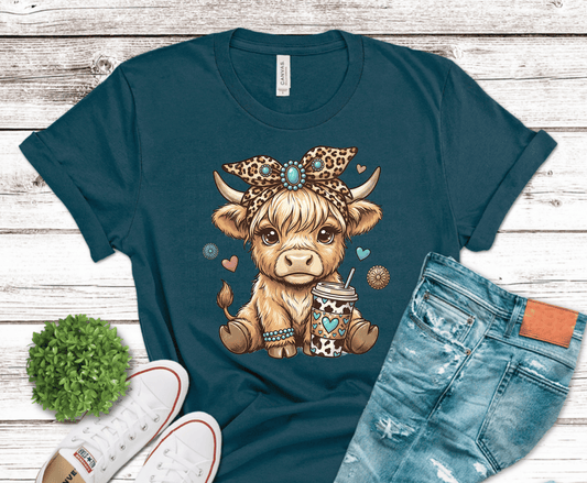 Highland Cow Coffee DTF transfer, ready to press heat transfer for cute shirts