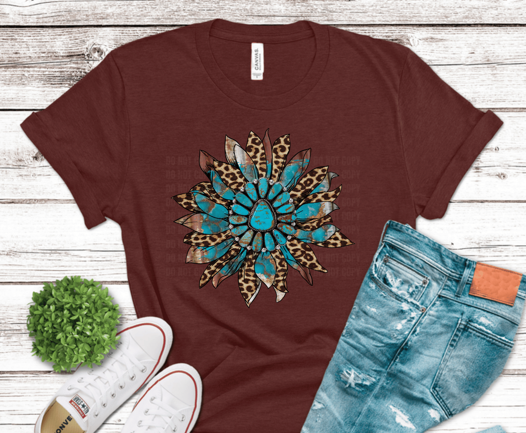 Turquoise Leopard Sunflower DTF transfer, ready to press heat transfer for western shirts