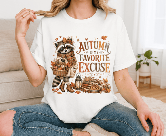 Autumn Raccoon DTF transfer, ready to press heat transfer for fall shirts