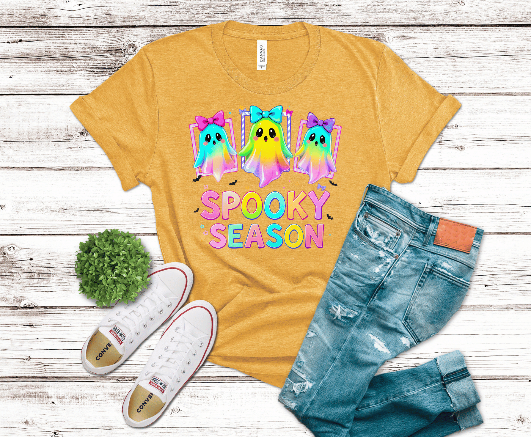 Neon Ghost Spooky Season DTF transfer, ready to press heat transfer for Halloween shirts