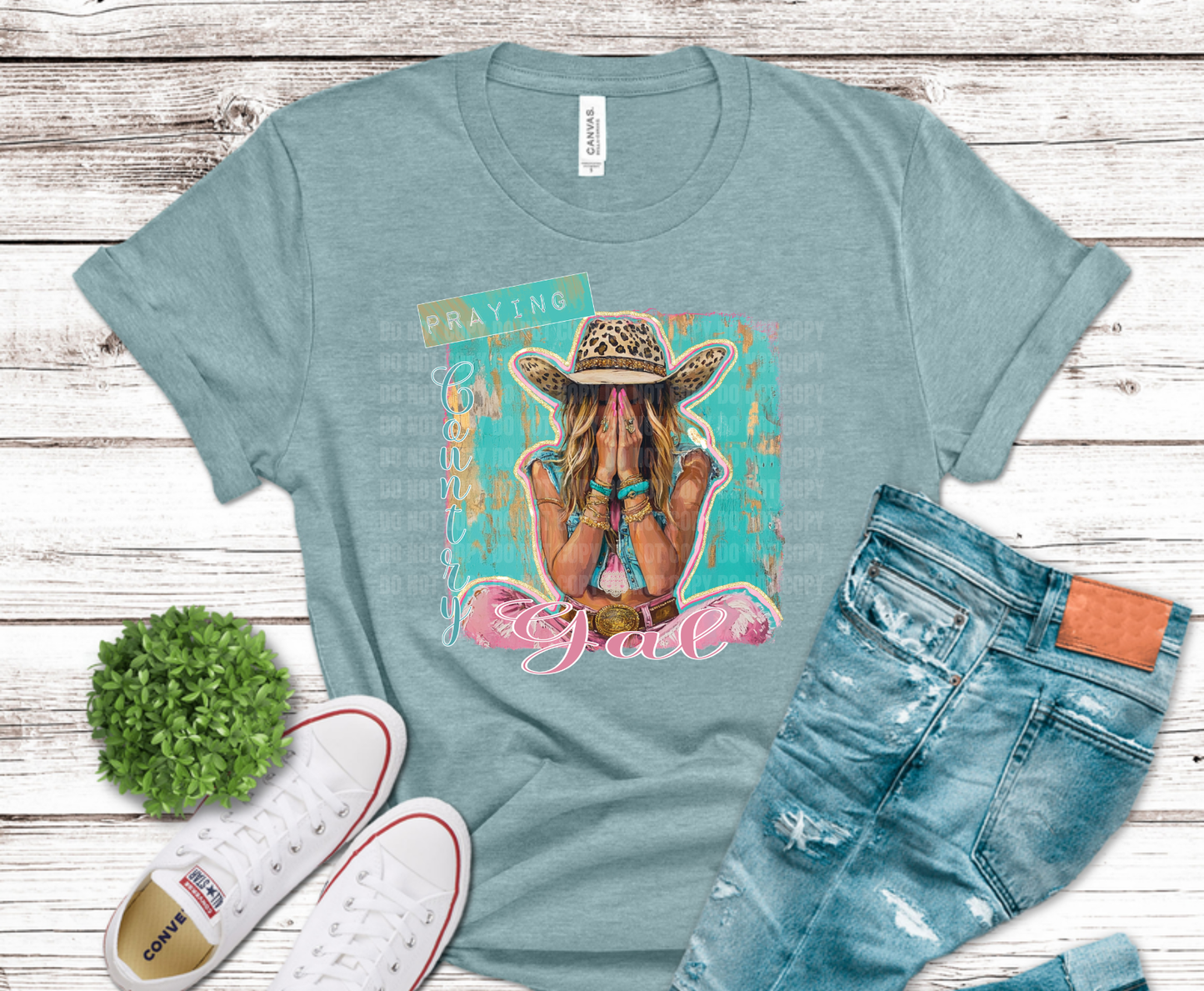 Praying Gal Cowgirl DTF transfer, ready to press heat transfer for Christian shirts