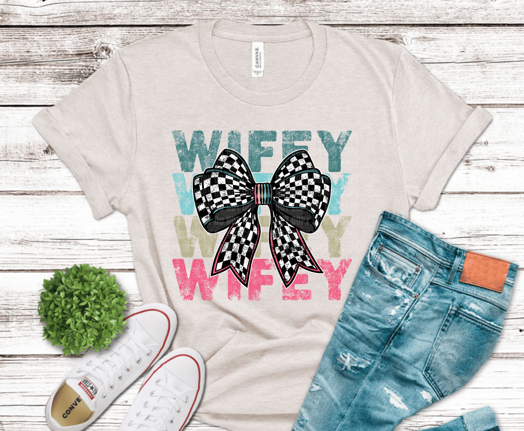 Wifey Checkered Bow DTF transfer, ready to press heat transfer for funny shirts