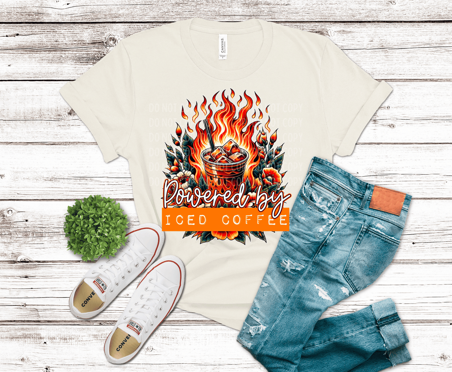 Powered by Iced Coffee DTF transfer, ready to press heat transfer for funny shirts