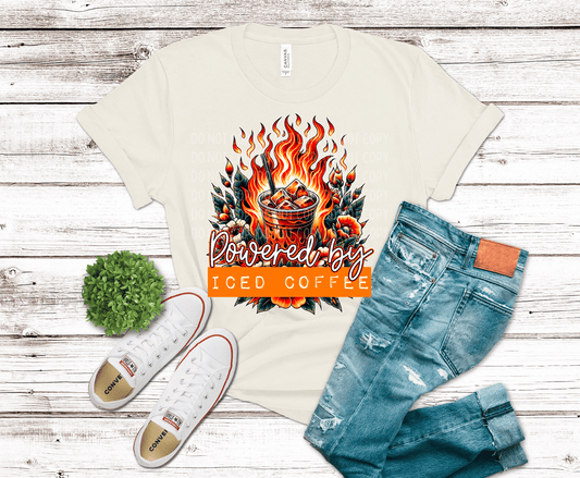 Powered by Iced Coffee DTF transfer, ready to press heat transfer for funny shirts