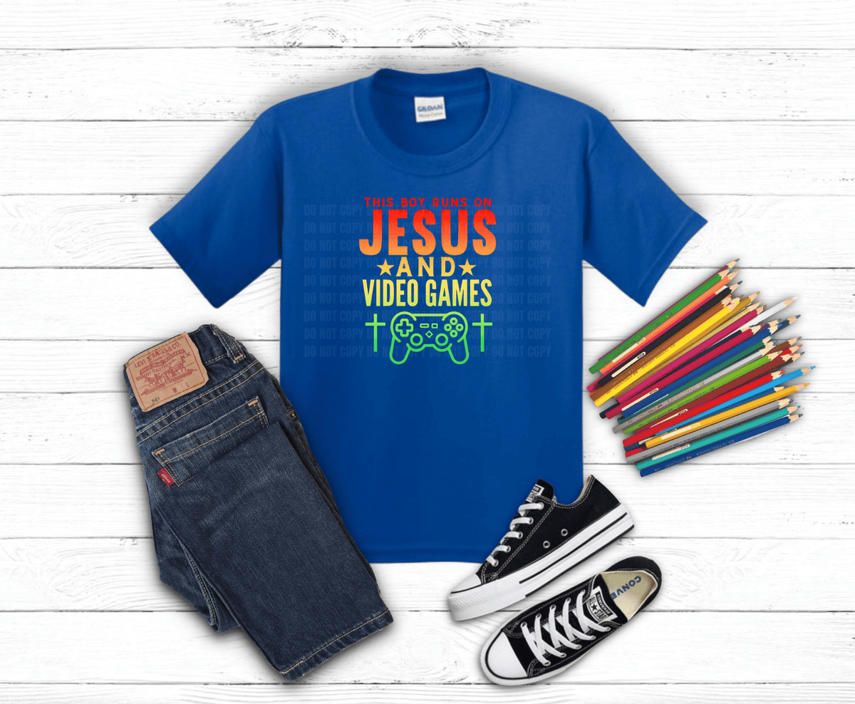 This Boy Runs on Jesus and Video Games DTF transfer, ready to press heat transfer for Christian shirts