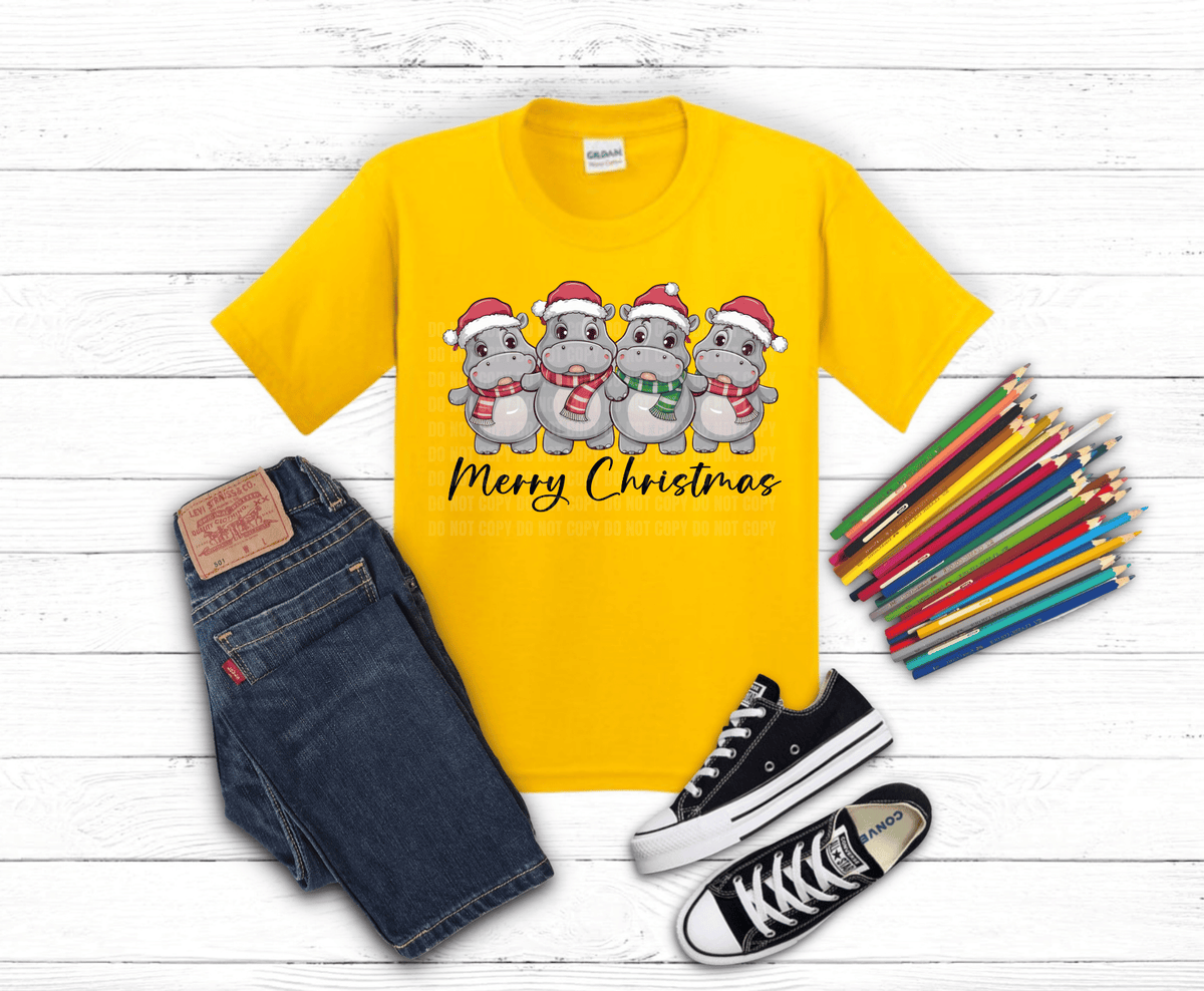 Hippo Christmas DTF transfer, ready to press heat transfer for holiday shirts