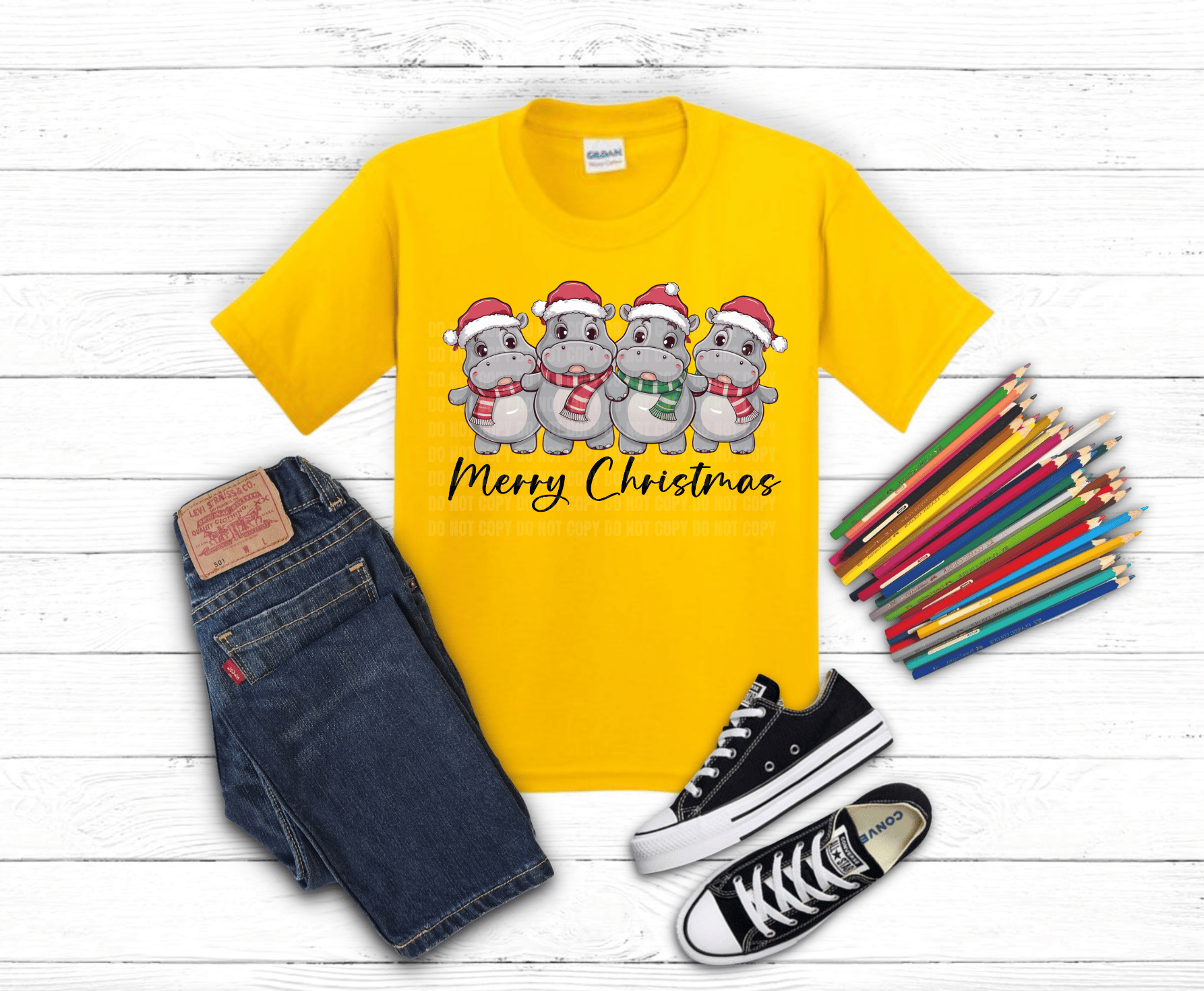 Hippo Christmas DTF transfer, ready to press heat transfer for holiday shirts