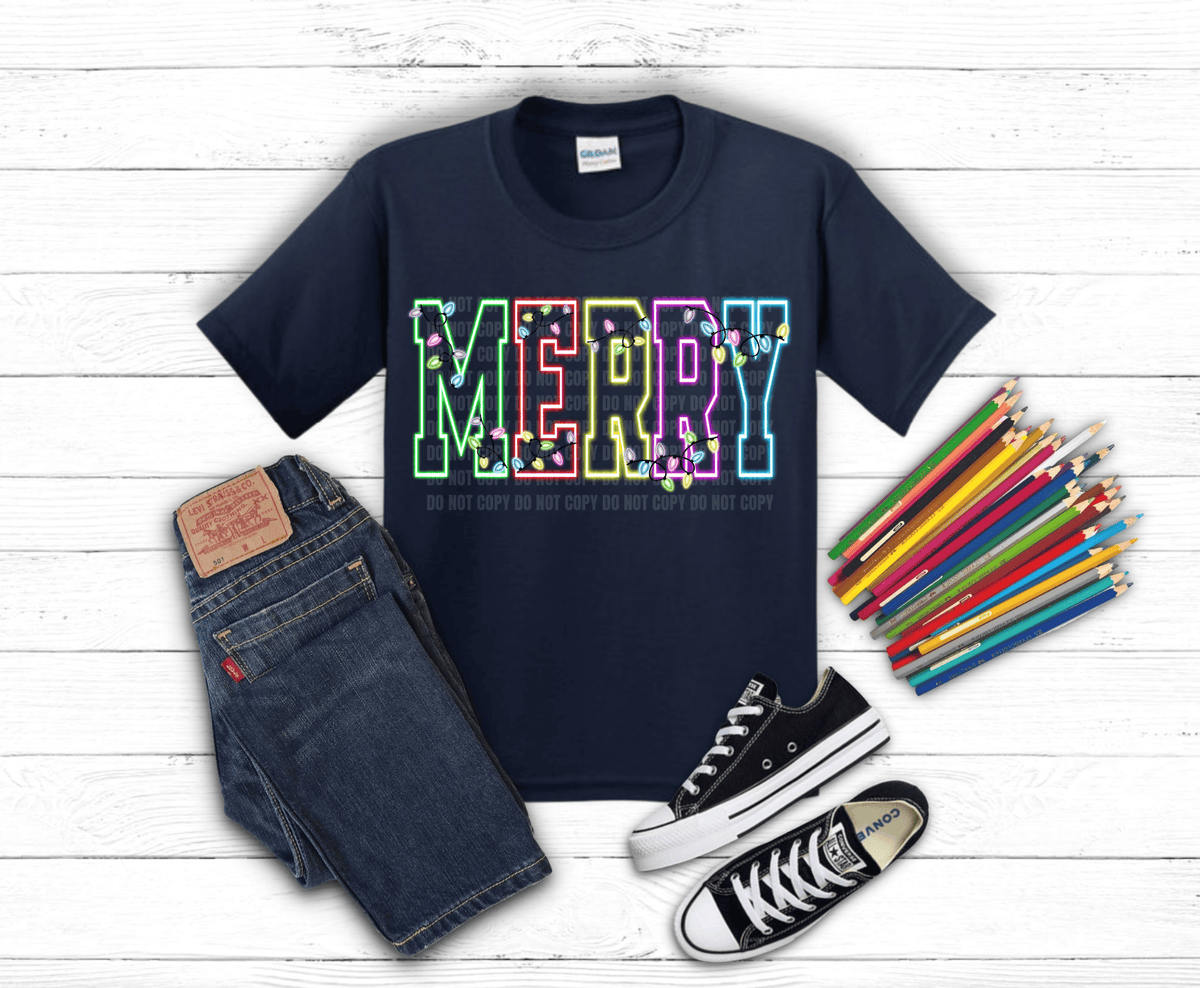 Merry Neon Lights DTF transfer, ready to press heat transfer for holiday shirts