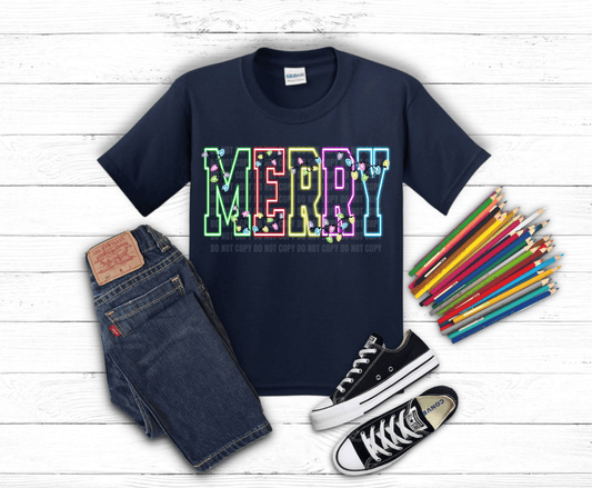Merry Neon Lights DTF transfer, ready to press heat transfer for holiday shirts