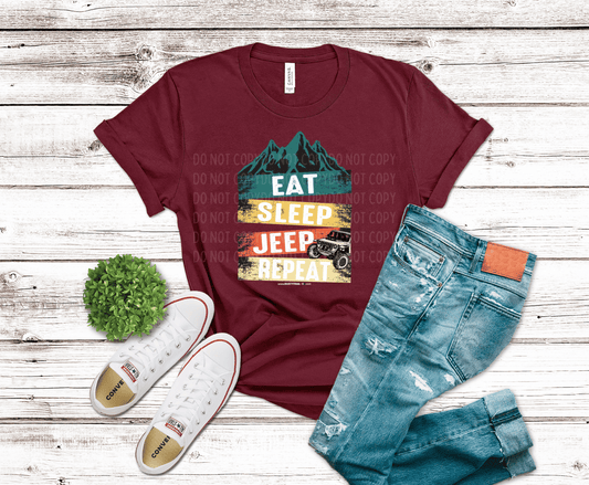 Eat Sleep Jeep Repeat design with mountains and off-road Jeep illustration in vintage colors, outdoor themed DTF transfer.