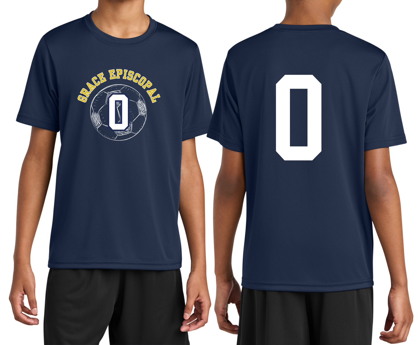 A navy blue athletic t-shirt shown on a model from both the front and back views. The front features a circular graphic with a soccer ball and the text 'GRACE EPISCOPAL' in yellow, surrounding a large white number 0.