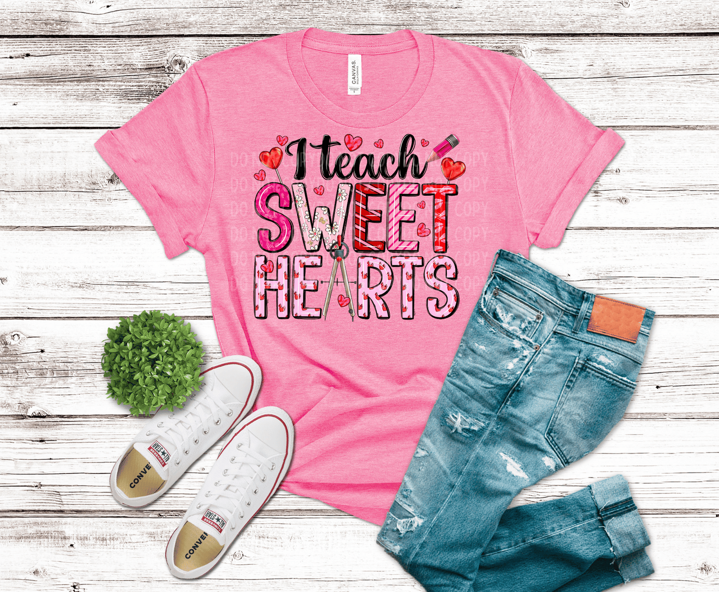 I Teach Sweet Hearts DTF transfer with pink lettering, Valentine hearts, and classroom tools for teacher apparel.