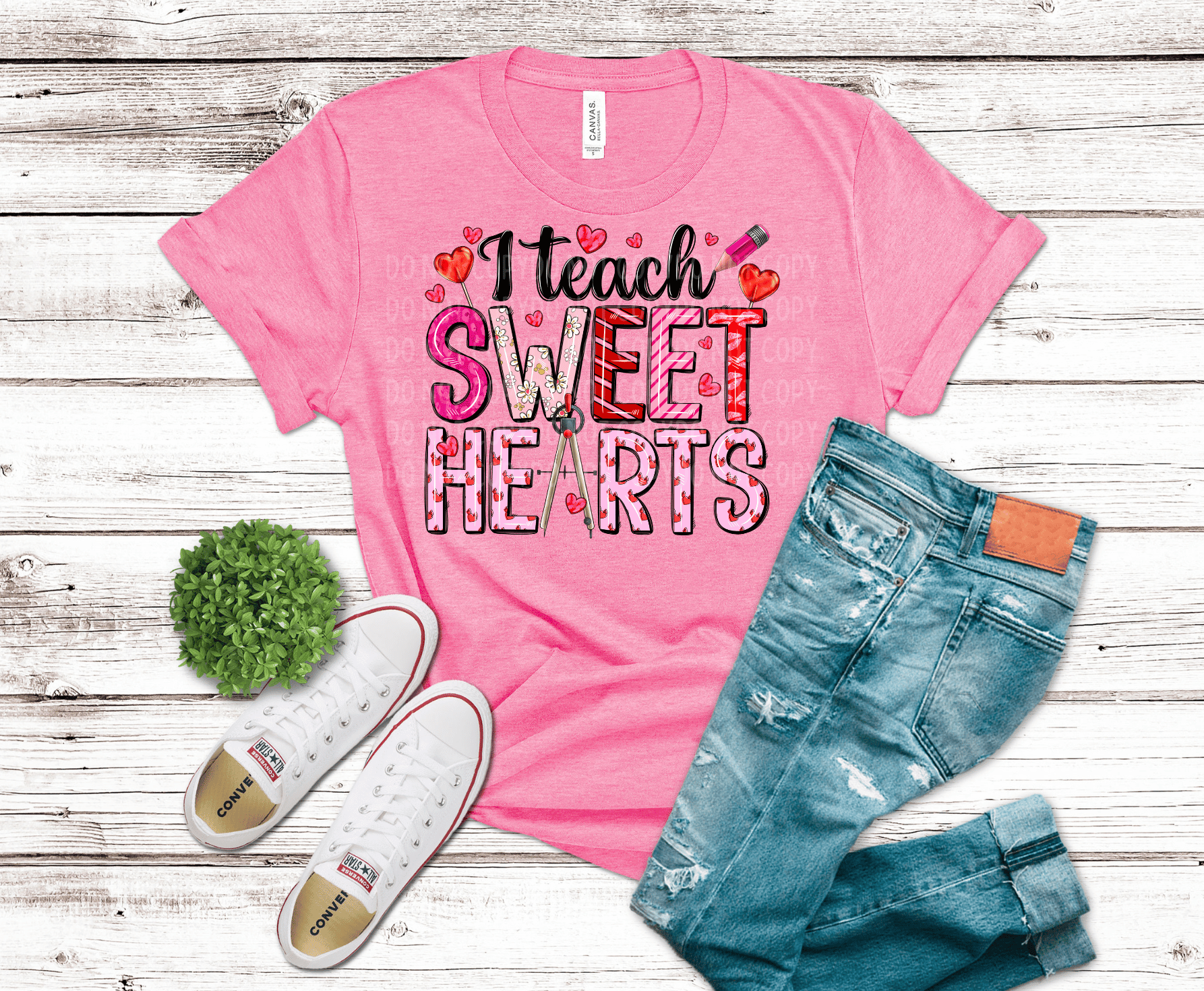 I Teach Sweet Hearts DTF transfer with pink lettering, Valentine hearts, and classroom tools for teacher apparel.