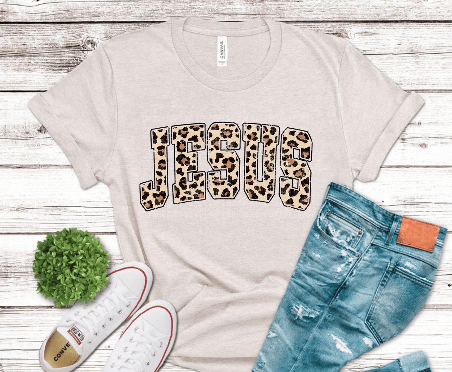 Leopard print JESUS DTF transfer with bold faith lettering and boutique Christian style.