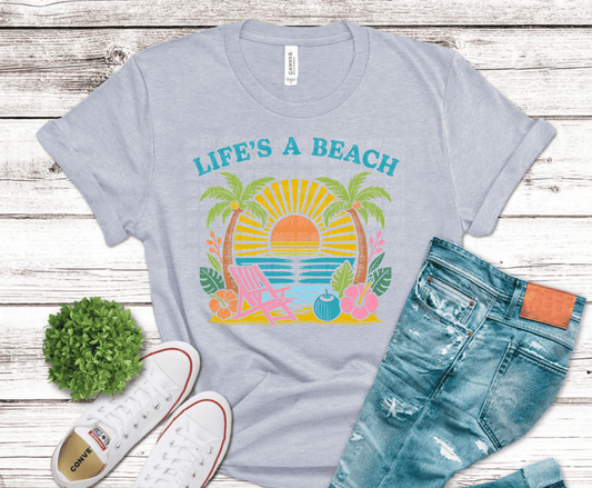 Life's a Beach sunset with palm trees and beach chair DTF transfer, ready to press heat transfer for summer shirts