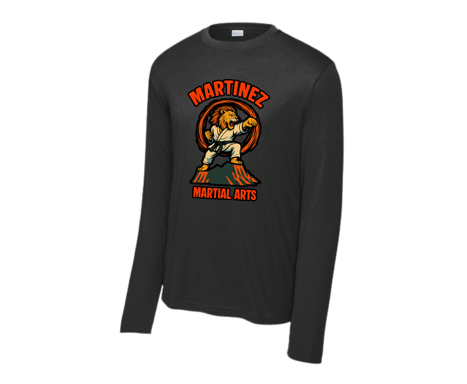 Black long-sleeve shirt with Martinez Martial Arts graphic on a white background