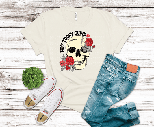 Gothic skull illustration with red roses and “Not Today Cupid” text, dark Valentine themed DTF transfer design.