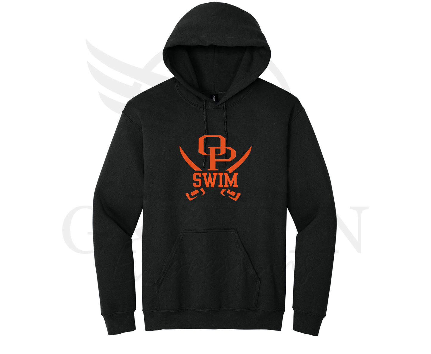 A black pullover hoodie with a bright orange graphic on the chest featuring the letters 'PB' inside a stylized 'P' and the word 'SWIM' below, displayed on a white background with a faint watermark.