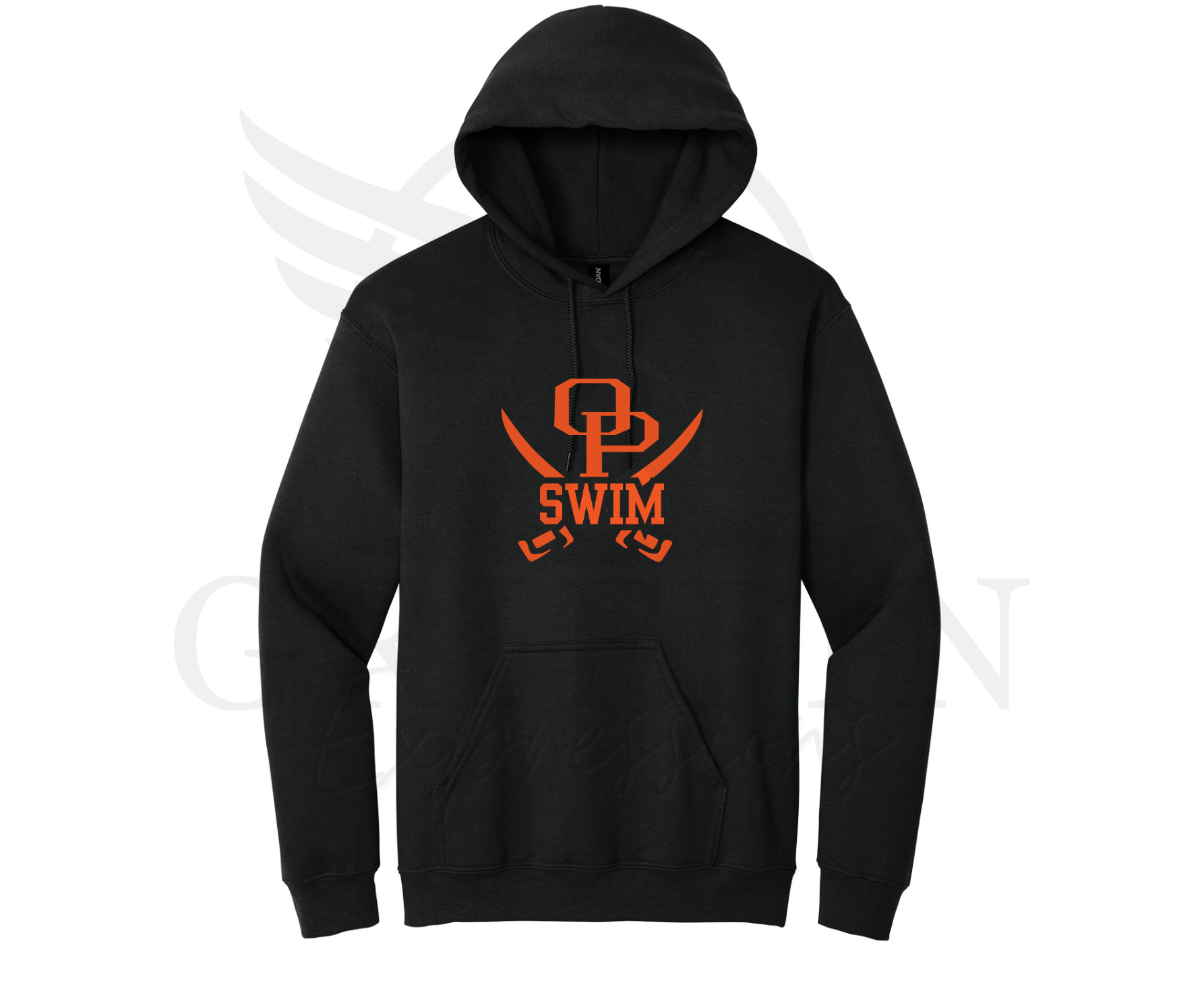 A black pullover hoodie with a bright orange graphic on the chest featuring the letters 'PB' inside a stylized 'P' and the word 'SWIM' below, displayed on a white background with a faint watermark.