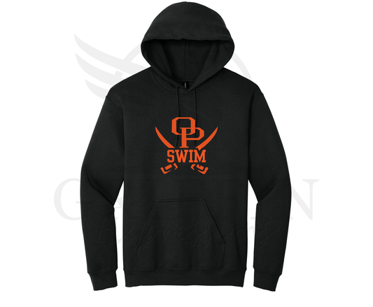 A black pullover hoodie with a bright orange graphic on the chest featuring the letters 'PB' inside a stylized 'P' and the word 'SWIM' below, displayed on a white background with a faint watermark.