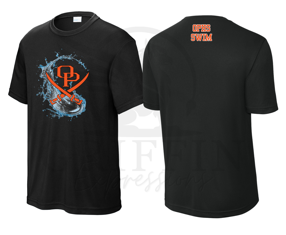 Black short-sleeve athletic T-shirt shown from the front and back. The front features a large graphic of crossed skates in an orange and blue splash design.