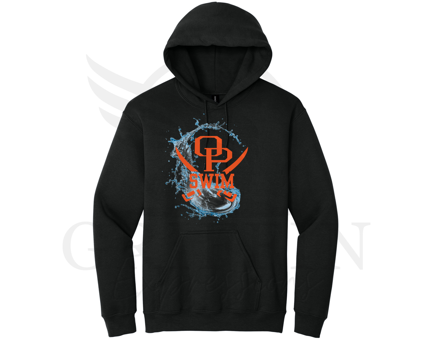 A black pullover hoodie with a graphic on the chest featuring the text 'CP SWIM' in orange over a blue water splash design, displayed on a white background with a faint watermark.