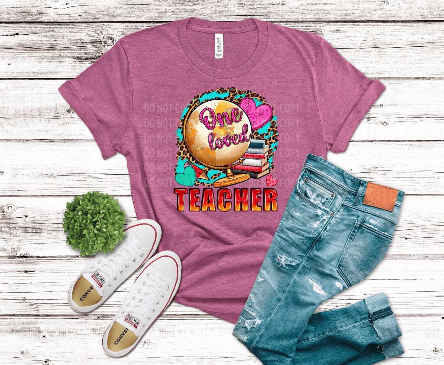 One Loved Teacher DTF transfer featuring a globe, stacked books, hearts, leopard print accents, and bold teacher lettering.