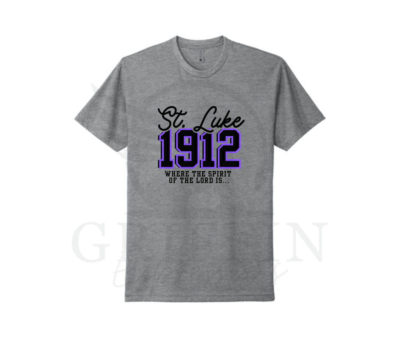 Gray t-shirt with 'St Luke 1912' text design on a white background