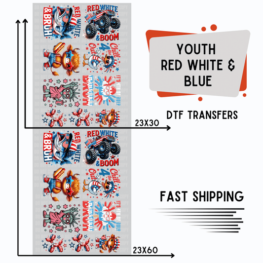 Youth Red, White & Blue | Premade DTF Transfer Gang Sheet For Graphic Tees